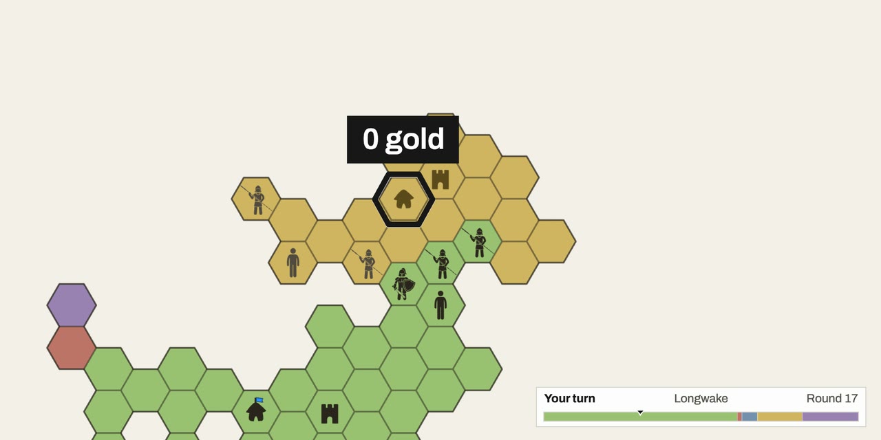 The same view after the capture: yellow’s new capital, outlined and labeled 0 gold
