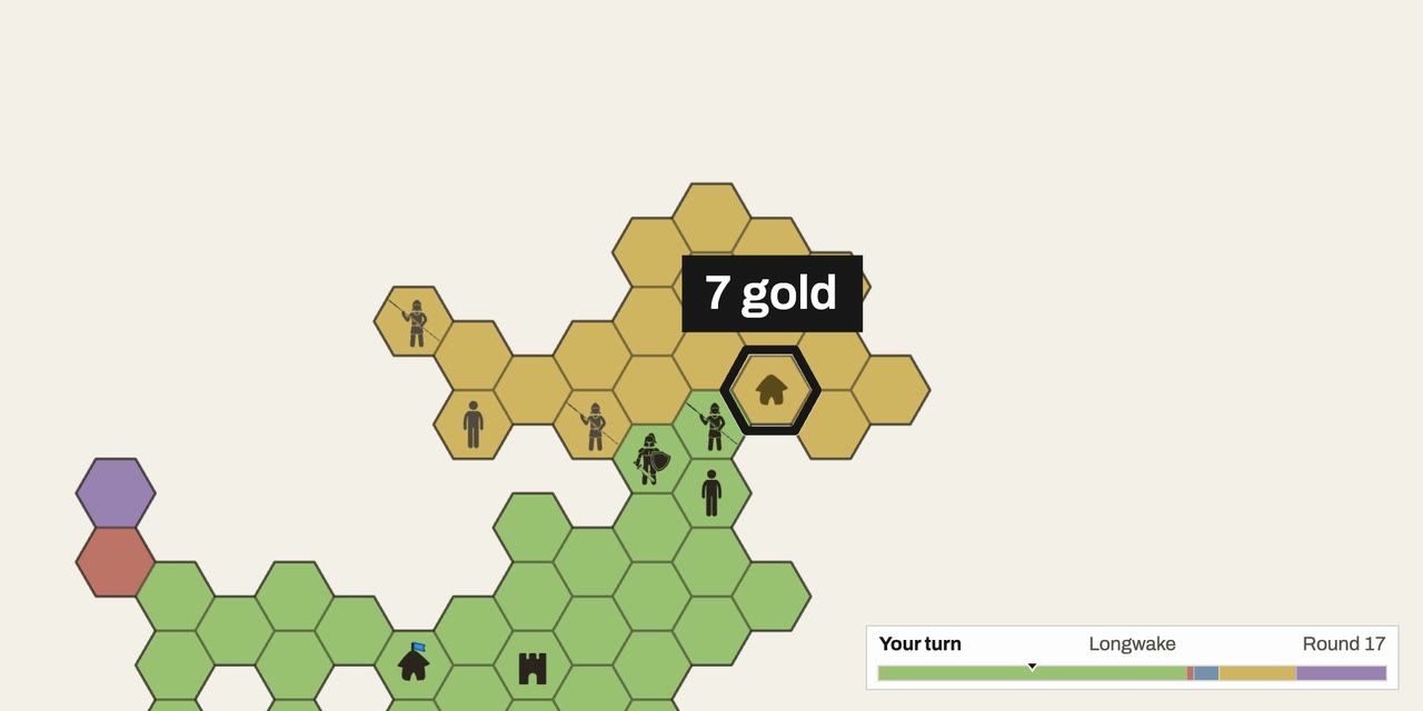 A close view in round 17: yellow’s capital, outlined and labeled 7 gold, beside green’s army
