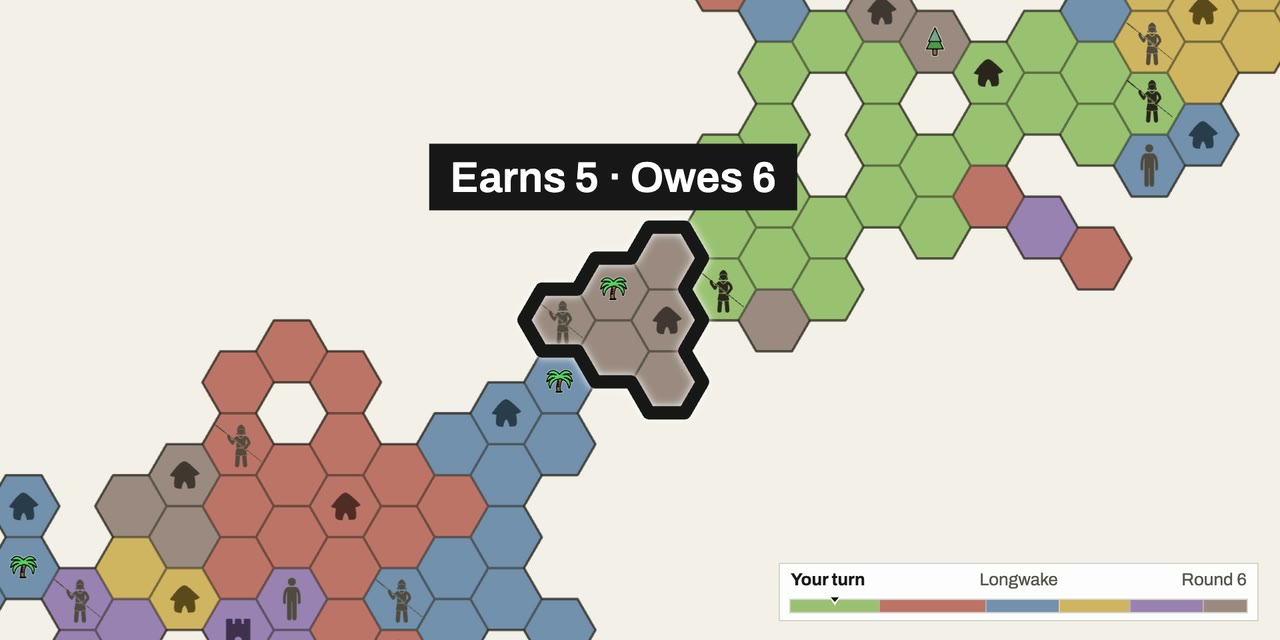 A close view in round 6: six gray hexes with a Spearman, walled off and labeled Earns 5, Owes 6