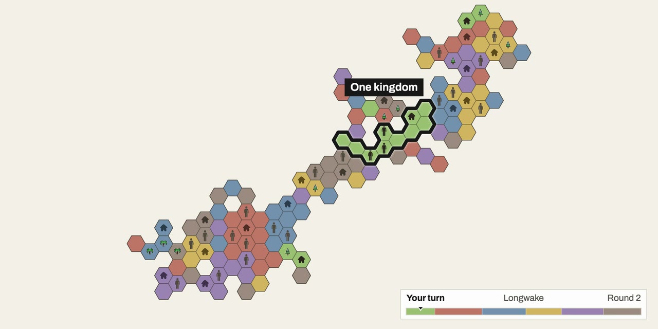 The board in round 2, with two of green’s kingdoms outlined together and labeled One kingdom