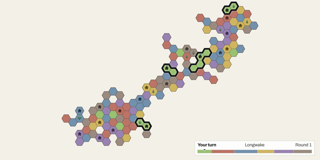 The whole Longwake board in round 1, with green’s four small kingdoms outlined far apart