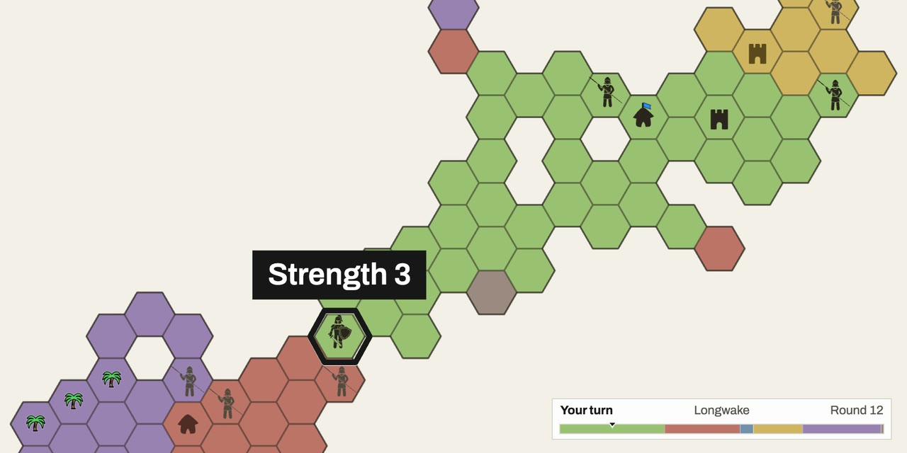 A close view in round 12: a green Knight on the border with red, outlined and labeled Strength 3