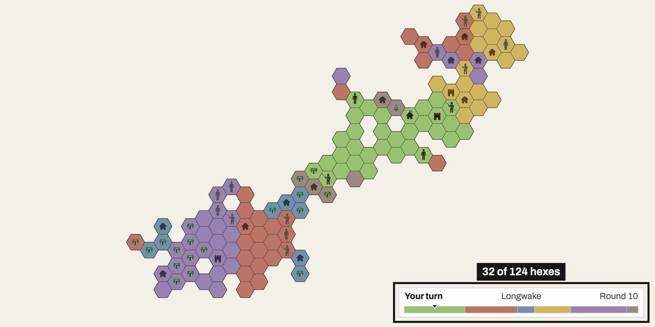 The whole board in round 10, with green across the middle and the status panel labeled 32 of 124 hexes