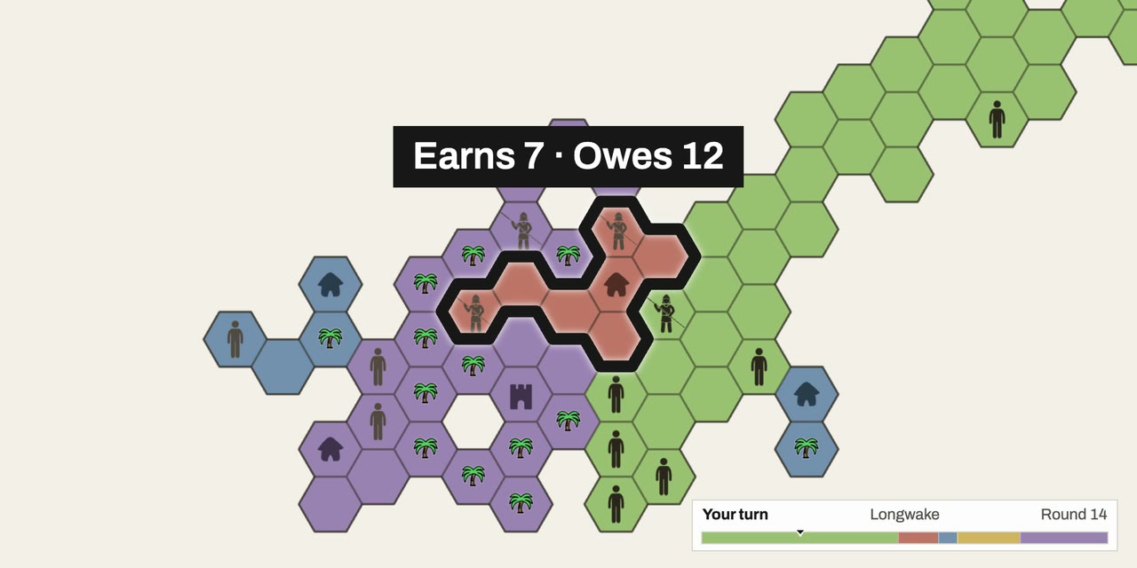 A close view in round 14: seven red hexes with two Spearmen, walled off and labeled Earns 7, Owes 12
