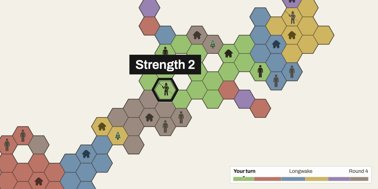 A close view in round 4: a green Spearman, outlined and labeled Strength 2