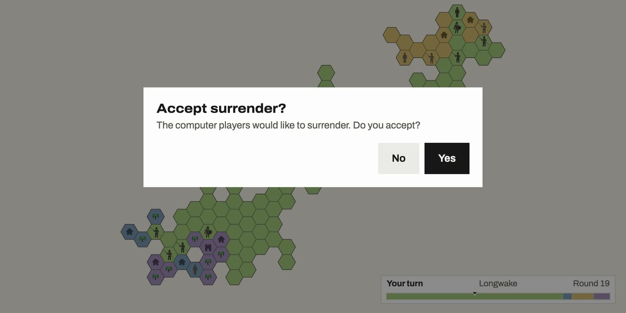 The Accept surrender dialog over a mostly green board in round 19, with No and Yes buttons