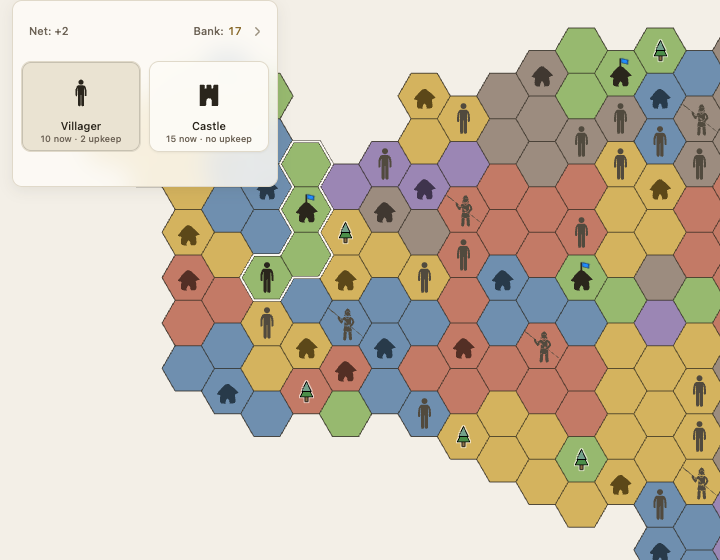 The same live Dominex board after the capture, with a green villager on the former blue link, the green kingdom outlined, and its bank reduced to 17