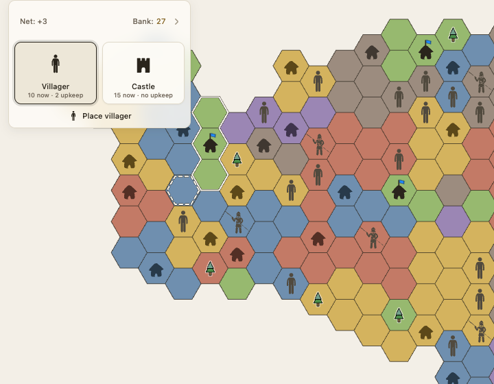 A live Dominex board before a move, with the green kingdom's bank at 27 and an outlined blue border hex showing a legal villager capture
