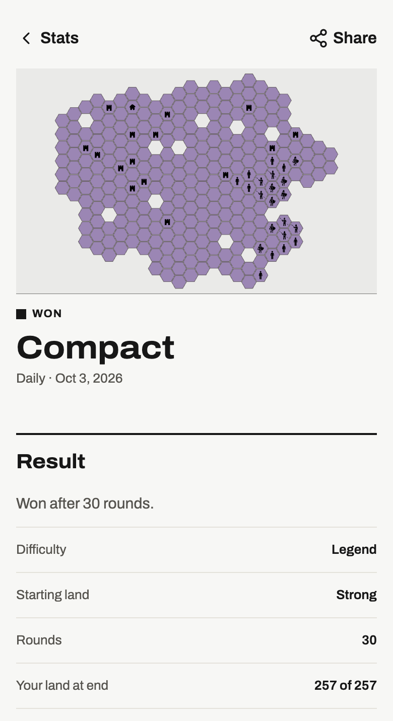 Daily match result with its final board, Legend difficulty, Strong Starting land, and Share action