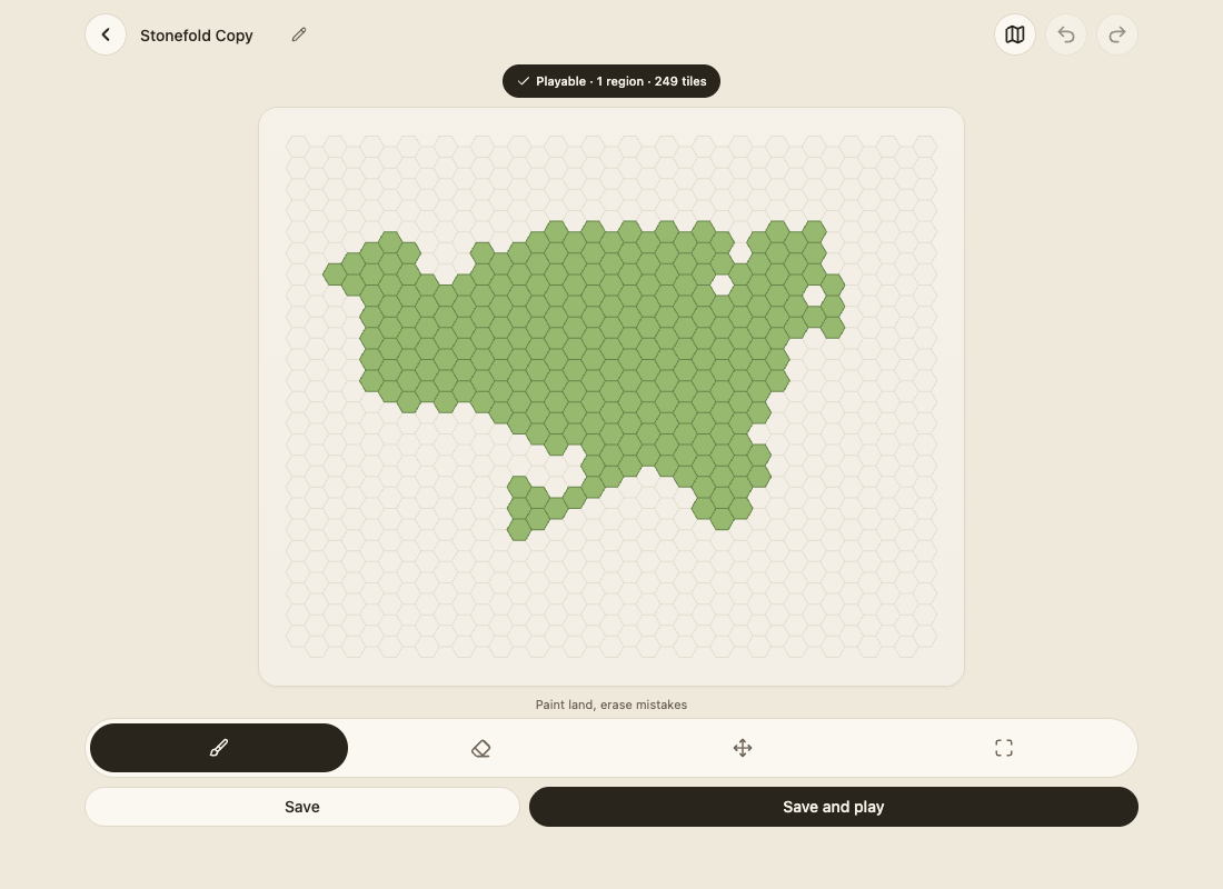The Dominex map editor in trial mode, showing a playable 249-tile Stonefold copy on the hex grid with paint, erase, pan, fit, undo, redo, save, and save-and-play controls