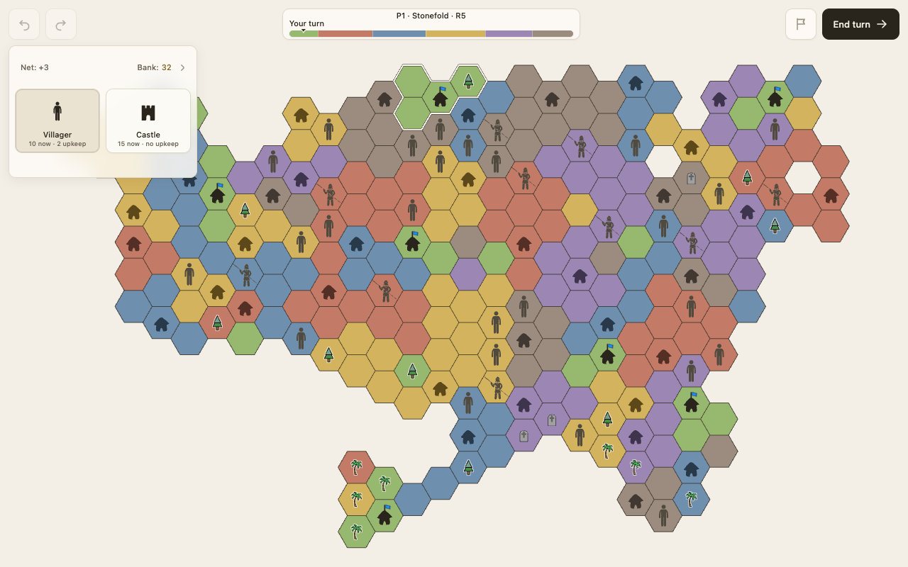 A live Dominex match on Stonefold with six colored kingdoms, upgraded units, and a selected green kingdom showing net income and banked gold