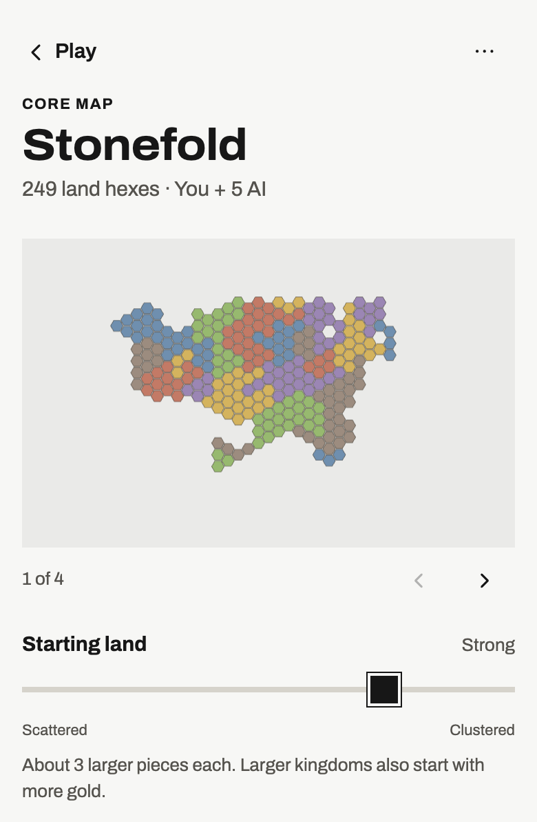 Stonefold setup with Strong Starting land and an exact preview of each player's clustered kingdoms